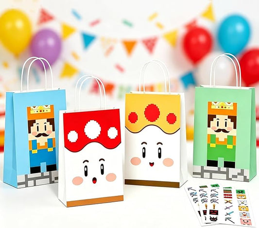 Magpixel Gift Bags with Handle: 16PCS Video Game Party Favor Bags, 54PCS Pixel Temporary Tattoos, Cartoon Paper Goodie Bags for Kids Birthday Christmas Holiday Decoration Classroom Treats