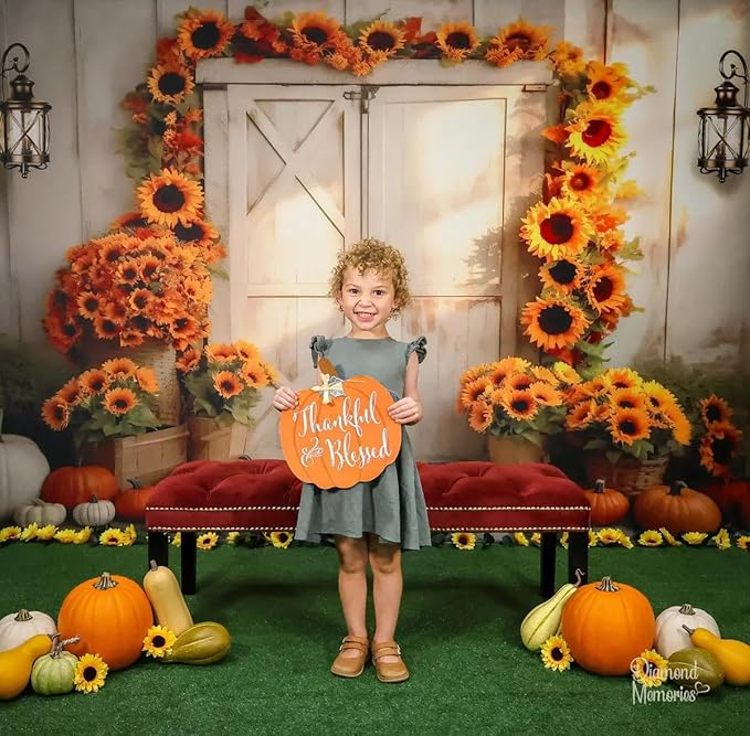 Kate Fall Photography Backdrop Autumn Sunflower Photo Background for Kids Fall Pumpkin Birthday Party Backdrop, 10x8ft