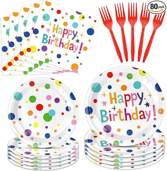 80Pcs Birthday Plates & Napkins Party Supplies, Dots Design Kids' Birthday Party Decorations Set Disposable Happy Birthday with Paper Plates and Napkins,forks for Boys Girls Party Decorations