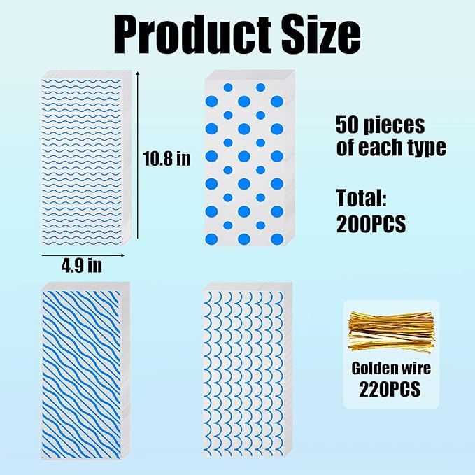 EatnMgan 200Pcs Cellophane Treat Bags,10.8 x 4.9Inch Plastic Candy Bags,Cellophane Bags,Goodie Candy with 220Pcs Twist Ties for Valentine, Birthday, Gift Cookie Snack Packing Party Favor Supplies (Blue)