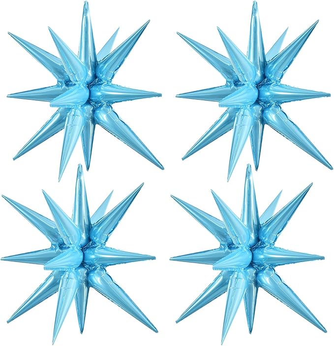 TONIFUL 4 Pcs 22inch 4D Light Blue Explosion Star Mylar Balloons 14Point Star Balloons for Party Backdrop Christmas,New Year Birthday, Wedding Baby Shower Anniversary Photo Booth Supplies