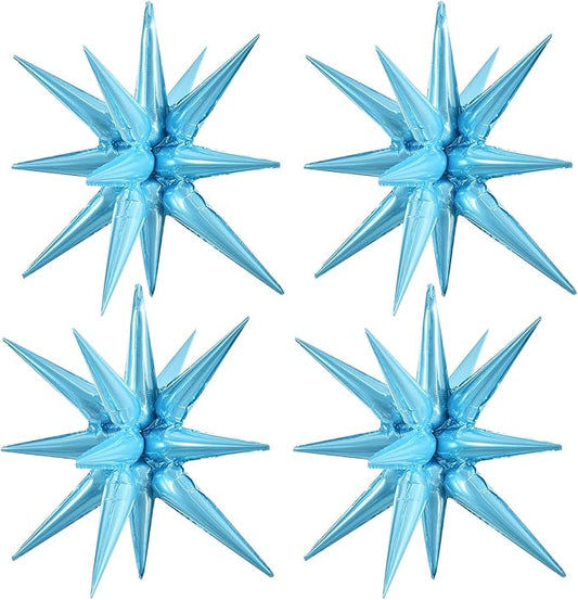 TONIFUL 4 Pcs 22inch 4D Light Blue Explosion Star Mylar Balloons 14Point Star Balloons for Party Backdrop Christmas,New Year Birthday, Wedding Baby Shower Anniversary Photo Booth Supplies