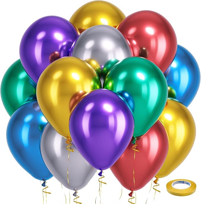 Bezente Metallic Chrome Latex Balloons, 100 Pack 12 inch Assorted Balloons Colorful Party Balloons for Birthday Bridal Shower Wedding Decorations