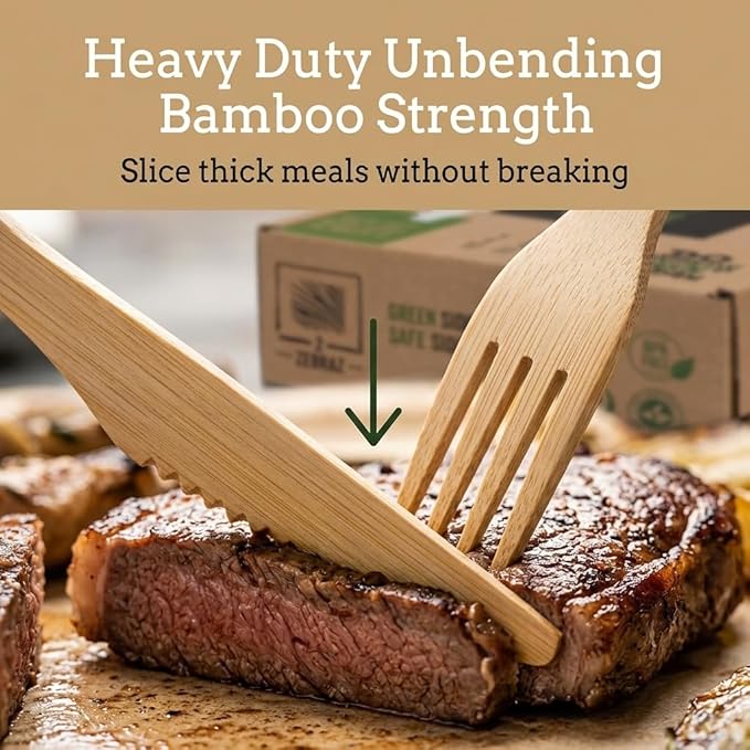 Bamboo Knives 100 Count - Heavy Duty Serrated Disposable Knives Utensils for Parties Catering Weddings BBQ Camping - Natural Flatware - 2ZEBRAZ
