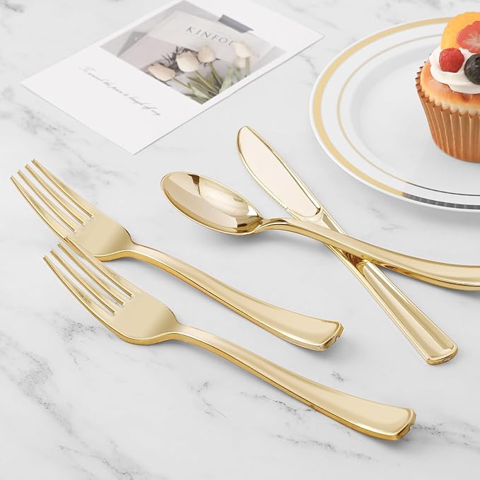 BESTVIP 200PCS Gold Plastic Silverware, Gold Disposable Utensils, Heavy Duty Cutlery Set of 100 Forks, 50 Spoons, 50 Knives for Parties, Weddings, Catering and Daily Use
