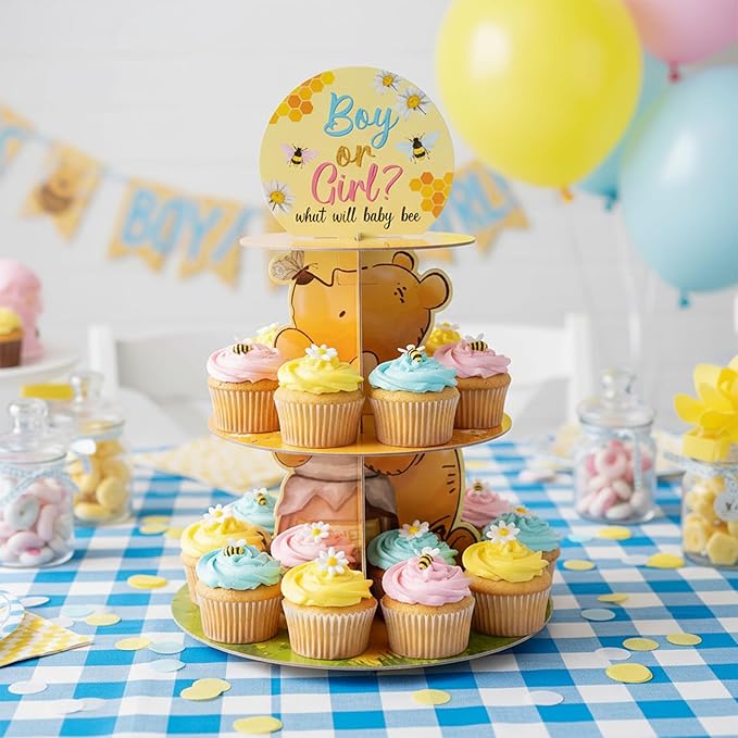 Gender Reveal Cupcake Stand - 3 Tier Boy or Girl Winnie Gender Reveal Party Dessert Holder Winnie Theme Baby Shower Cardboard Cake Stand Party Decorations Winnie Baby Shower Cupcake Display