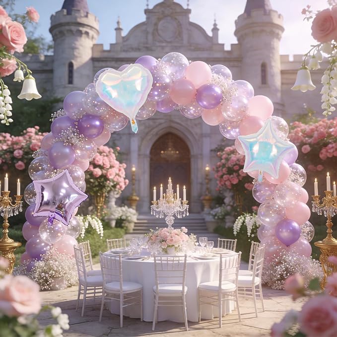 Pink and Purple Balloons, Pastel Pale Pink Light Purple Lilac Transparent Star Latex Balloon With Iridescent Heart Lavender Star Foil Balloons for Kpop Birthday Party Baby Shower Princess Decorations