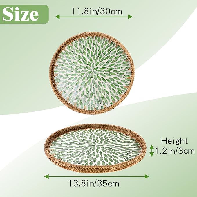 Round Rattan Tray with Mother of Pearl Inlay, Handwoven Wicker Coffee Table Serving Basket Tray for Fruit Snack Party Picnic Cafe Bedroom Kitchen Home Decor Set of 2 (Green Leaves)