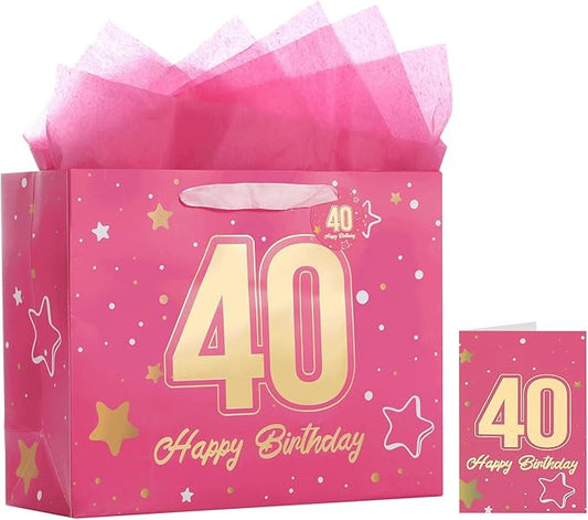 Powbrace 13" Pink 40th Birthday Gift Bag with Tissue Paper and Greeting Card for Party,Happy Birthday Gift Bag for Men Women,Gift Bags Medium size(1 Pink 40th)