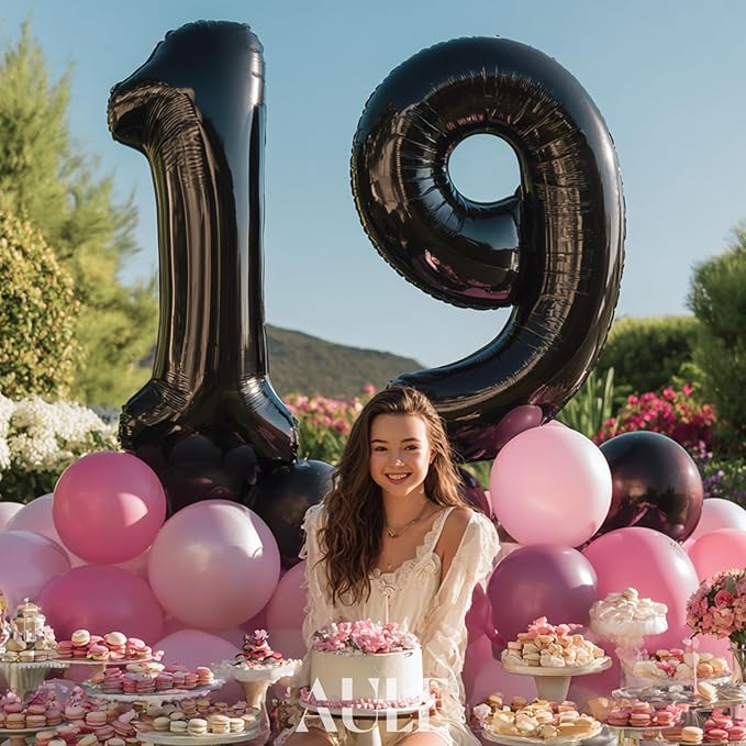 AULE 40 Inch Large 19 Number Balloons Black, Big Foil Number Balloons, Giant Helium Happy 19th Birthday Party Decorations for Boy and Girl, Huge Mylar Anniversary Party Supplies