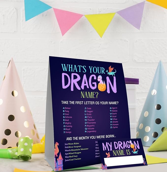Dragon Birthday Party Decorations-Birthday Party Games,Dragon Theme Birthday Party Sign,Baby Shower Decorations,Birthday Party Game,Baby Shower Games,What's your Dragon Name