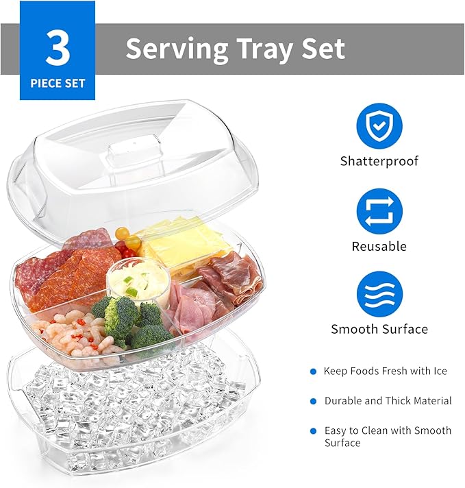 Chilled Serving Tray with Lid for Parties, 15-Inch Ice Serving Tray with Ice Underneath, 4-Compartment Fruit and Shrimp Cocktail Platter