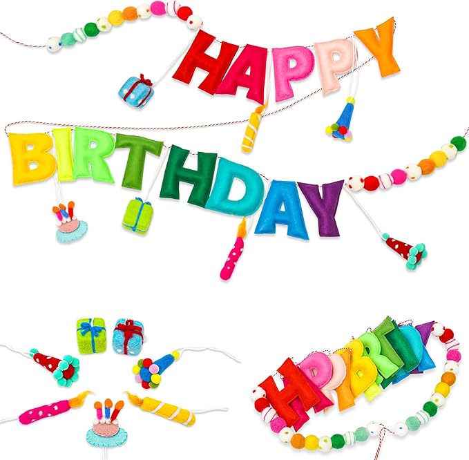Happy Birthday Banner, Handmade Wool Felt Birthday Banner with Cute Charms, Reusable Rainbow Birthday Decorations for Kids, Colorful Birthday Garland for 1st Birthday, Baby Shower,Party Photo Backdrop