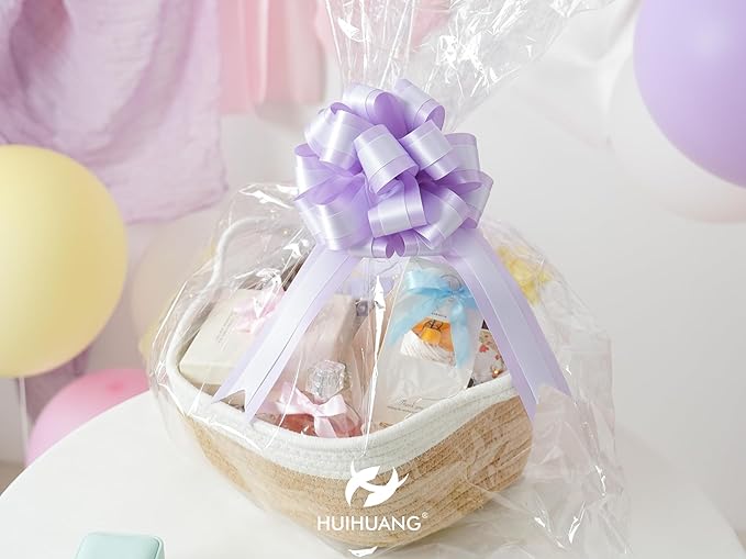 HUIHUANG Purple Bows for Gift Wrapping 6" x 10" Lilac and Purple Double Layer Satin Pull Bows 12 PCS Gift Bow for Presents, Easter Gift Basket, Gift Box, Birthday Wedding Party Decor
