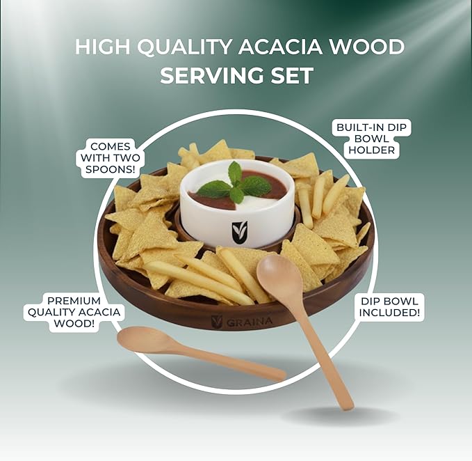 Premium Wooden Chip and Dip Serving Tray Set – Dark Walnut Large Serving Tray with Ceramic Dip Bowl & 2 Wooden Spoons – Chip and Dip Bowl Set for Chips, Snack & Entertaining | Appetizer Platter