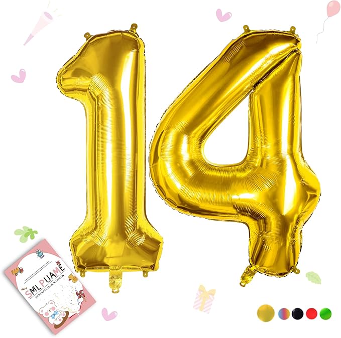 Gold Balloon, 40 inch Number 14 Foil, for Birthday, Graduation, Wedding Anniversary Decorations, Includes Glue, Tying Tool