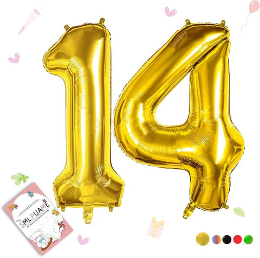 Gold Balloon, 40 inch Number 14 Foil, for Birthday, Graduation, Wedding Anniversary Decorations, Includes Glue, Tying Tool