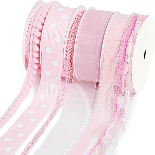 LaRibbons Pink Ribbons for Crafts 6 Rolls 30 Yards Total Thin Pink Ribbon for Baby Shower Sewing Gift Wrapping Clothing Trim Party and Home Decor