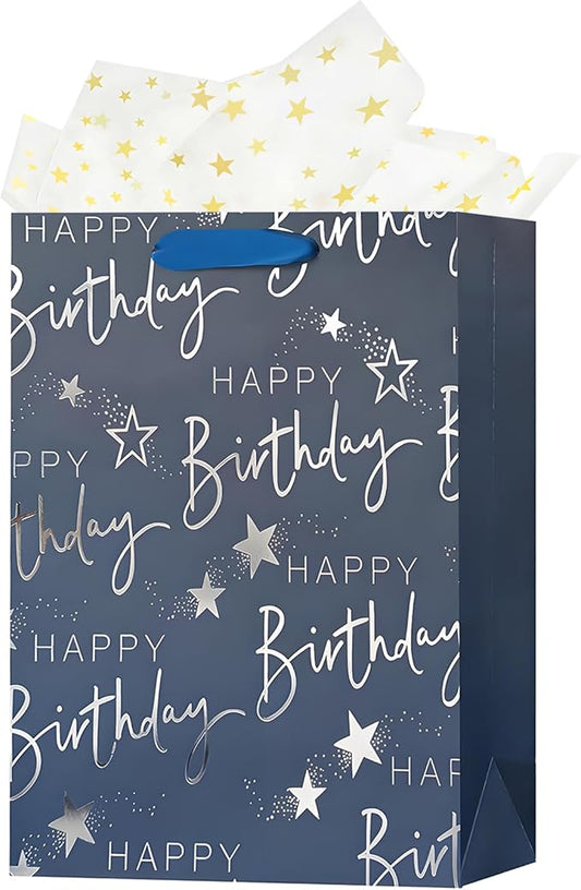 OFIHANLY 12.6" Medium Happy Birthday Gift Bag with Handles for Men Paper Gift Wrap Bags for Him Boys Kids Baby Navy Blue Bags with Tissue Paper,1Pcs
