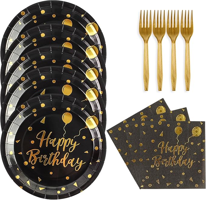 48PCS Happy Birthday Plates and Napkins Party Supplies, Black and Gold Disposable Paper Plates and Napkins with Forks Tableware Set for Birthday Party Decorations 16 Guests (Birthday Black)