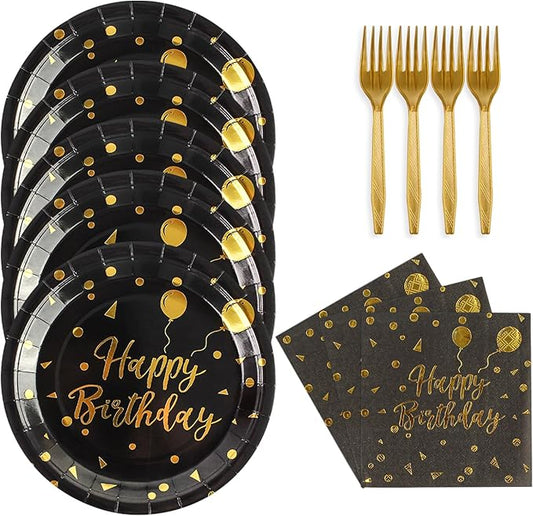48PCS Happy Birthday Plates and Napkins Party Supplies, Black and Gold Disposable Paper Plates and Napkins with Forks Tableware Set for Birthday Party Decorations 16 Guests (Birthday Black)