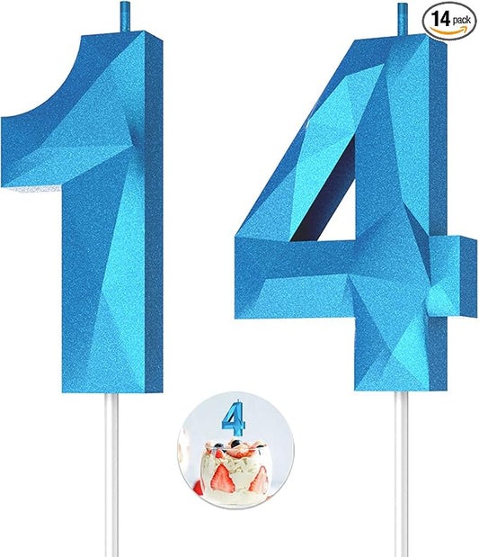 Number Birthday Candles(14 Candle Blue) 3D Diamond Shape Number Happy Birthday Cake Candles for Birthday Party Wedding Decoration Reunions Theme Party