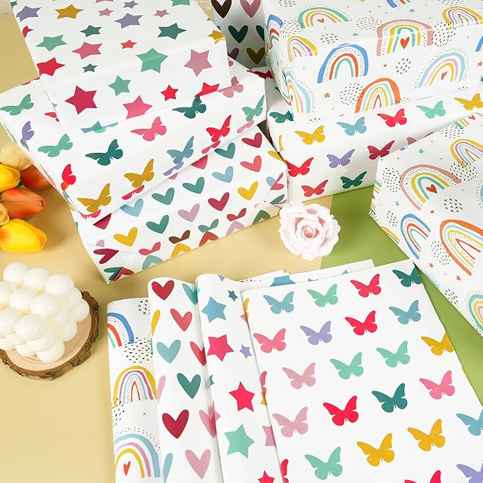 Gift Wrapping Paper, 6 Sheets Colorful Birthday Wrapping Paper for Baby Girls Women, Folded Flat Gift Wrapping Paper with Rainbow Heart Star Butterfly Designs for Birthday Baby Shower Wedding, 20×28In