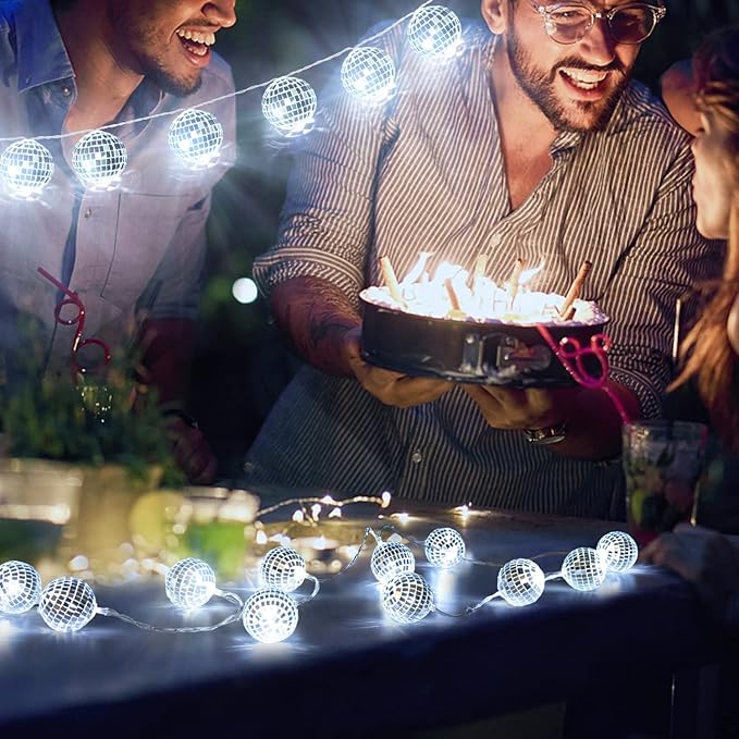 AceList 50 LED 16.4Ft Disco Ball String Light - Battery Powered and USB Plug, Disco Ball Lights for 70's Disco Party Decorations and Birthday Parties, Mamma Mia (Silver)