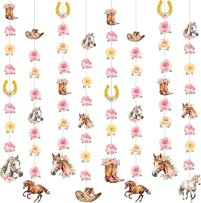 Daifunli 8 Pcs Cowgirl Party Decorations Pink Girl Horse First Birthday Hanging Garlands Watercolor Floral Rose Western Horse Paper Cutouts Streamers for Wild West Cowgirl Baby Shower Party Supplies