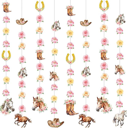 Daifunli 8 Pcs Cowgirl Party Decorations Pink Girl Horse First Birthday Hanging Garlands Watercolor Floral Rose Western Horse Paper Cutouts Streamers for Wild West Cowgirl Baby Shower Party Supplies