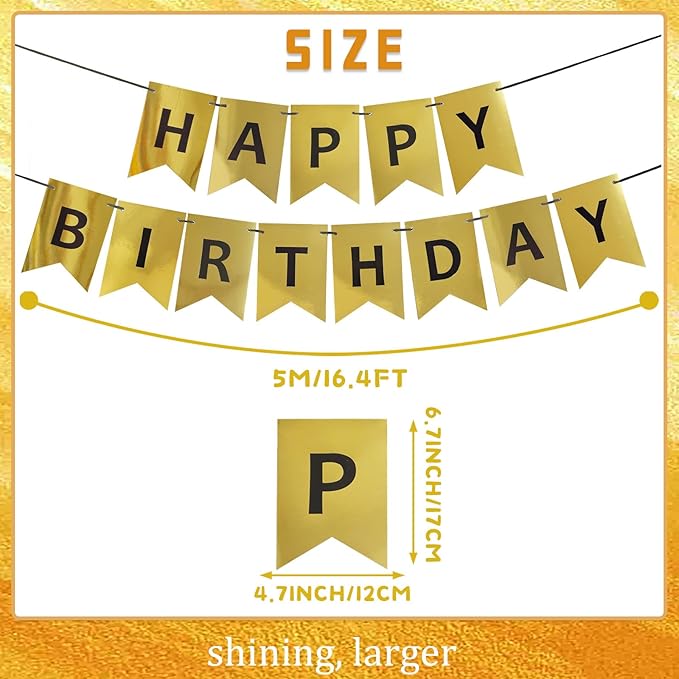 Gold Happy Birthday Banner,Pre-Strung Gold and Black Birthday Party Decorations,16ft Hanging Sign for Kids, Girls, Boys, Women – No DIY, Backdrop Supplies