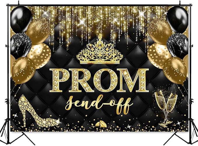 Mocsicka Prom Send Off 2026 Backdrop Crown Graduation Prom Night Party Decorations Banner Gold Balck Dancing Send Off Photography Background Photo Booth Supplies (Gold, 10x8ft(120''x96''))