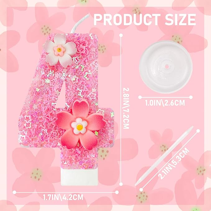 Pink Flower Birthday Candle,Number Birthday Candles for Cake, Ideal Birthday Parties Cake Decor, Wedding Anniversary and Other Celebrations (Number 4, Pink)