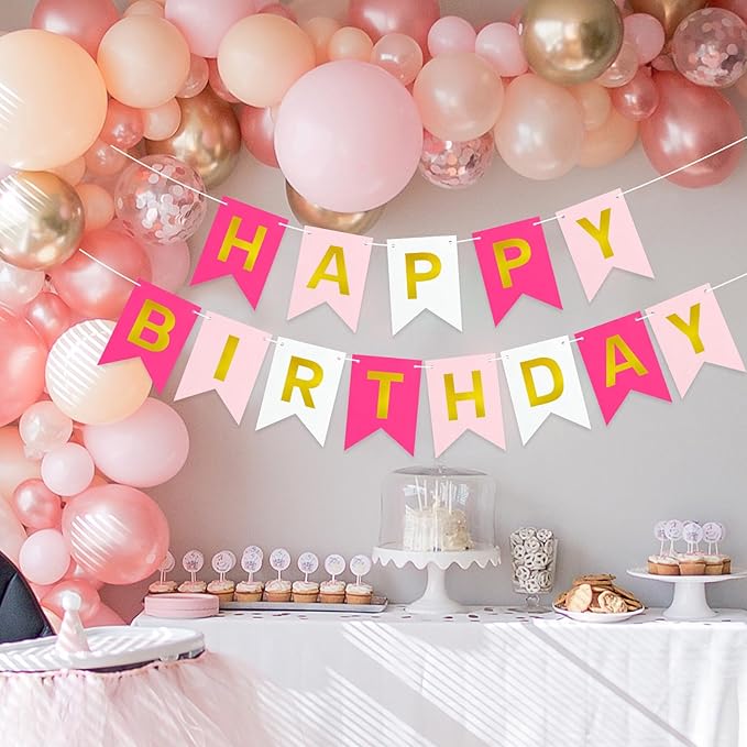 Pre-Strung Pink Happy Birthday Banner Sign, Pink Happy Birthday Party Decorations for Women Girls
