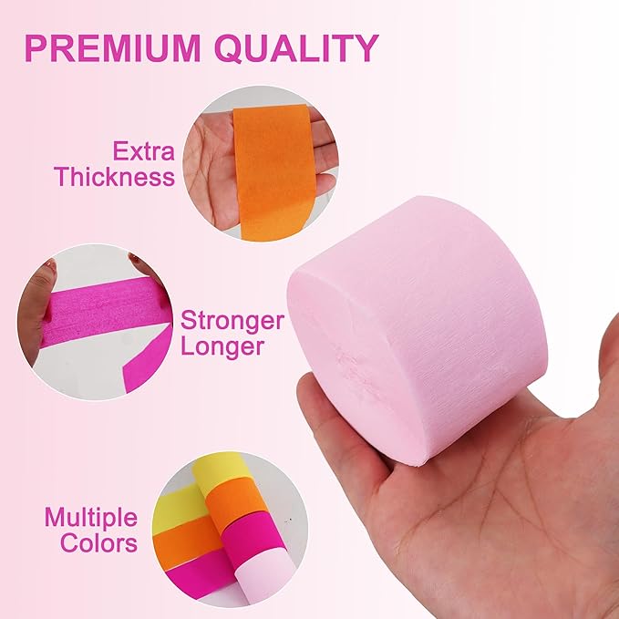 BEISHIDA 8 Rolls Yellow Orange and Pink Crepe Paper Streamers for Hippie Retro Boho Theme Party Decorations Wedding Birthday Baby Shower DIY Craft Paper(1.8 Inch x 82 Ft/Roll)