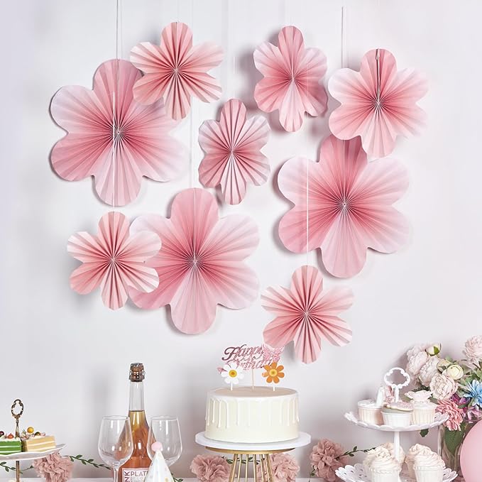 SUNBEAUTY 9 PCS Pink and Cherry Blossom Party Decorations Pink Paper Fans Decor Sunset Party Floral Backdrop Decoration Hanging Paper Flowers for Wall Birthday Wedding Baby Shower Supplies