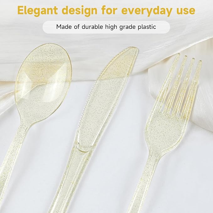 100 Pack Pre Rolled Gold Glitter Plastic Silverware Set, Heavy Duty Disposable Cutlery with 100 Forks, 100 Knives, 100 Spoons and Napkins, Wrapped Utensils for Parties Weddings Events