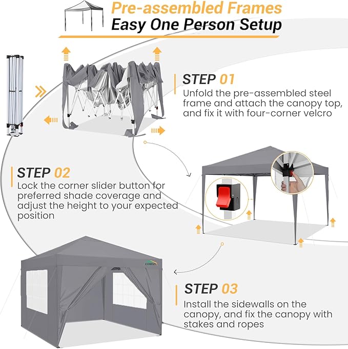 COBIZI 10x10 Pop Up Canopy Tent, One Push Outdoor Gazebo with 4 Removable Sidewalls & Air Vent, Waterproof Commercial Easy Up Adjustable Canopy with 4 Sandbags, 4 Stakes & 8 Ropes for Party,Grey