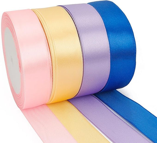 Multicolor Ribbon Set - 4 Rolls, 1 Inch x 23m, Gold, Blue, Purple, Satin, 4th of July, Graduation, Navy Blue, Light Pink, Gift Wrapping