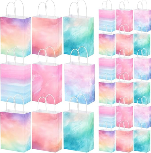 Humyoun 24 Pcs Pastel Gift Bags Paper Goodies Bags with Handles Watercolor Tie-Dye Candy Treat Gifts Wrapping for Baby Shower Wedding Birthday Party Supplies
