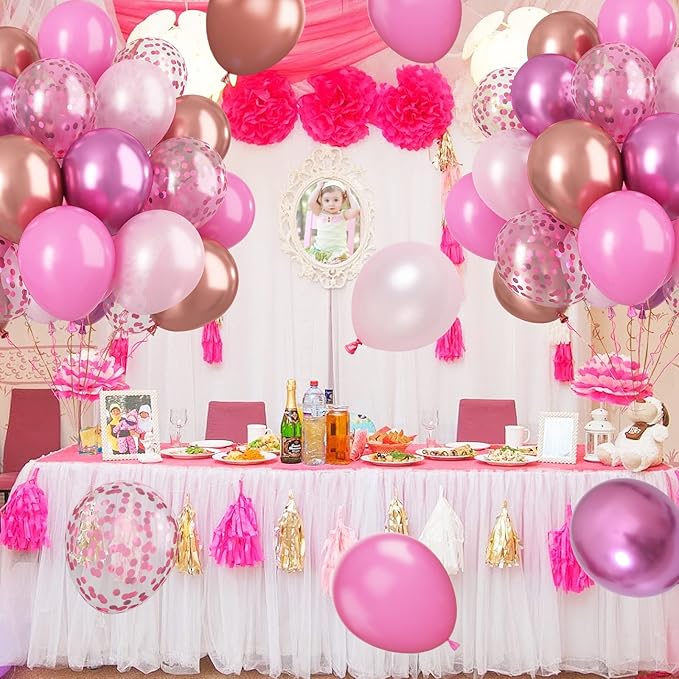 Paready Pink Confetti Balloons, 60 Pcs 12 Inch Metallic Red Rose Gold and Pink Latex Confetti Balloons for Birthday Baby Shower Engagement Anniversary Wedding Bridal Shower Party Graduation Decoration