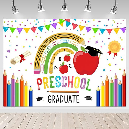 Mocsicka Preschool Graduate Backdrop Pre Kindergarten Congrats Grad Party Supplies Decoration Class of 2026 Graduation Ceremony Background Photo Prop (White, 10x8ft(120"x96"))