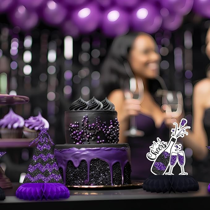 Black and Purple Birthday Decorations – 12PCS Honeycomb Table Centerpieces for Women Men Adults – Happy Birthday Table Decor Party Supplies
