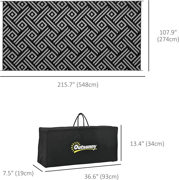 Outsunny Outdoor Rug for Patio, 9' x 18' Waterproof Large Mat, Reversible Plastic Straw Rug for Decor, Portable Outside RV Camping Area Carpet Mat for Backyard Porch Deck Picnic, Black Gray Geometric