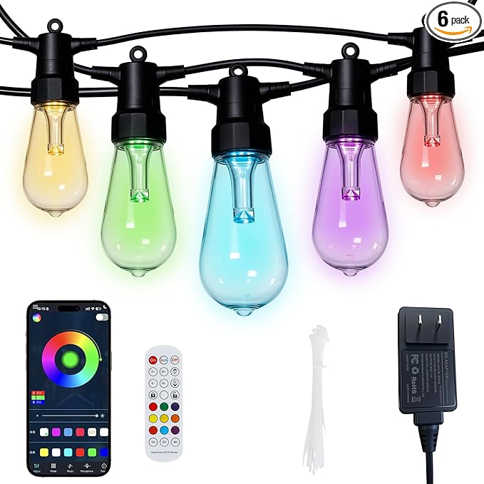 100FT Smart Outdoor String Lights, 2-Pack Color Changing ST48 Multi-color LED Patio Lights with Magic Lantern App, IP66 Waterproof Shatterproof Hanging Decor Lights for Large Backyard Garden