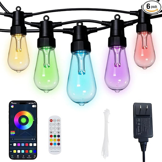 100FT Smart Outdoor String Lights, 2-Pack Color Changing ST48 Multi-color LED Patio Lights with Magic Lantern App, IP66 Waterproof Shatterproof Hanging Decor Lights for Large Backyard Garden