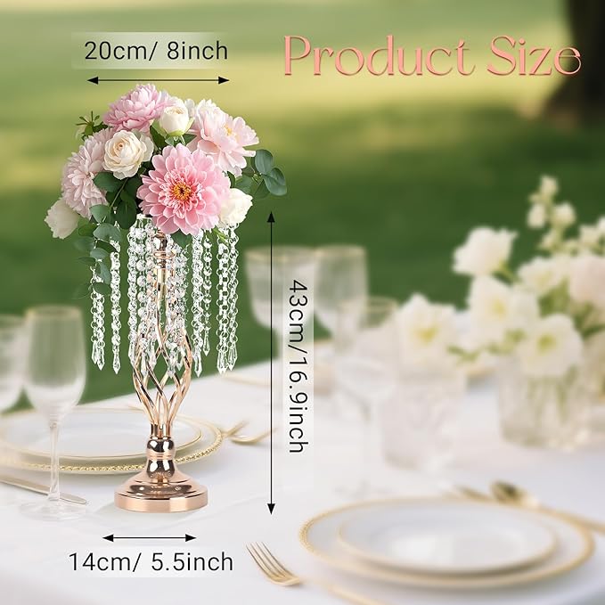 10 Pcs Crystal Flower Stand Gold Wedding Centerpieces 16.9 Inch Tall Gold Vase with Chandelier Metal Wedding Centerpiece Vase for Birthday Party Reception Festivals Party Decor (S-16.9inch)