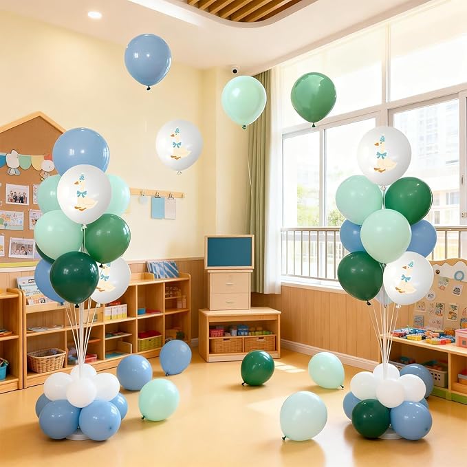 Silly Blue Bow Goose Balloons Set, 12 Inch Pastel Blue Sage Green White Goose Print Latex Balloons for Boy Girl 1st 2nd One Silly Goose Theme Birthday Baby Shower Party Decorations