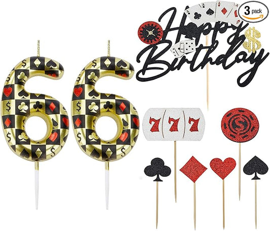 Casino Birthday Number Candles for Cake, Poker Birthday Candles for Casino Themed Birthday Party Decoration, Glitter Casino Birthday Cake Topper for Casino Night Theme Birthday Cake(Number 66)