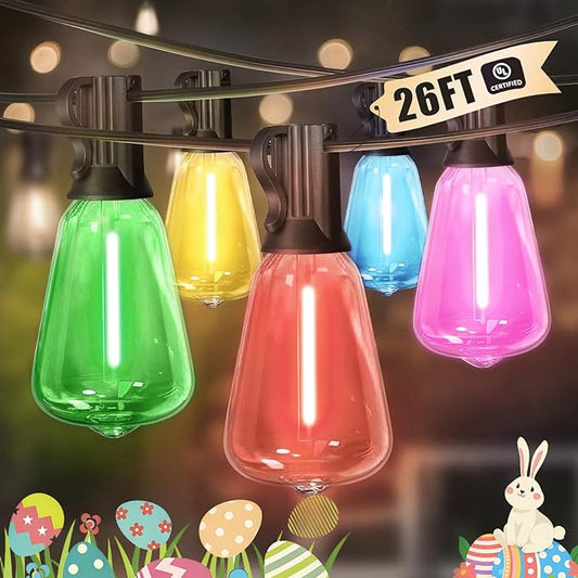 LAMPHOME 26FT Outdoor String Lights, ST38 LED Edison Patio Lights with 12+1 Multicolor Bulbs, Connectable & Dimmable Hanging Lights for Easter, Backyard, Porch & Outside Decor